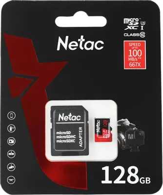 მეხსიერების ბარათი Netac NT02P500PRO-128G-R, 128GB, microSDXC, C10, V30, A1, Black